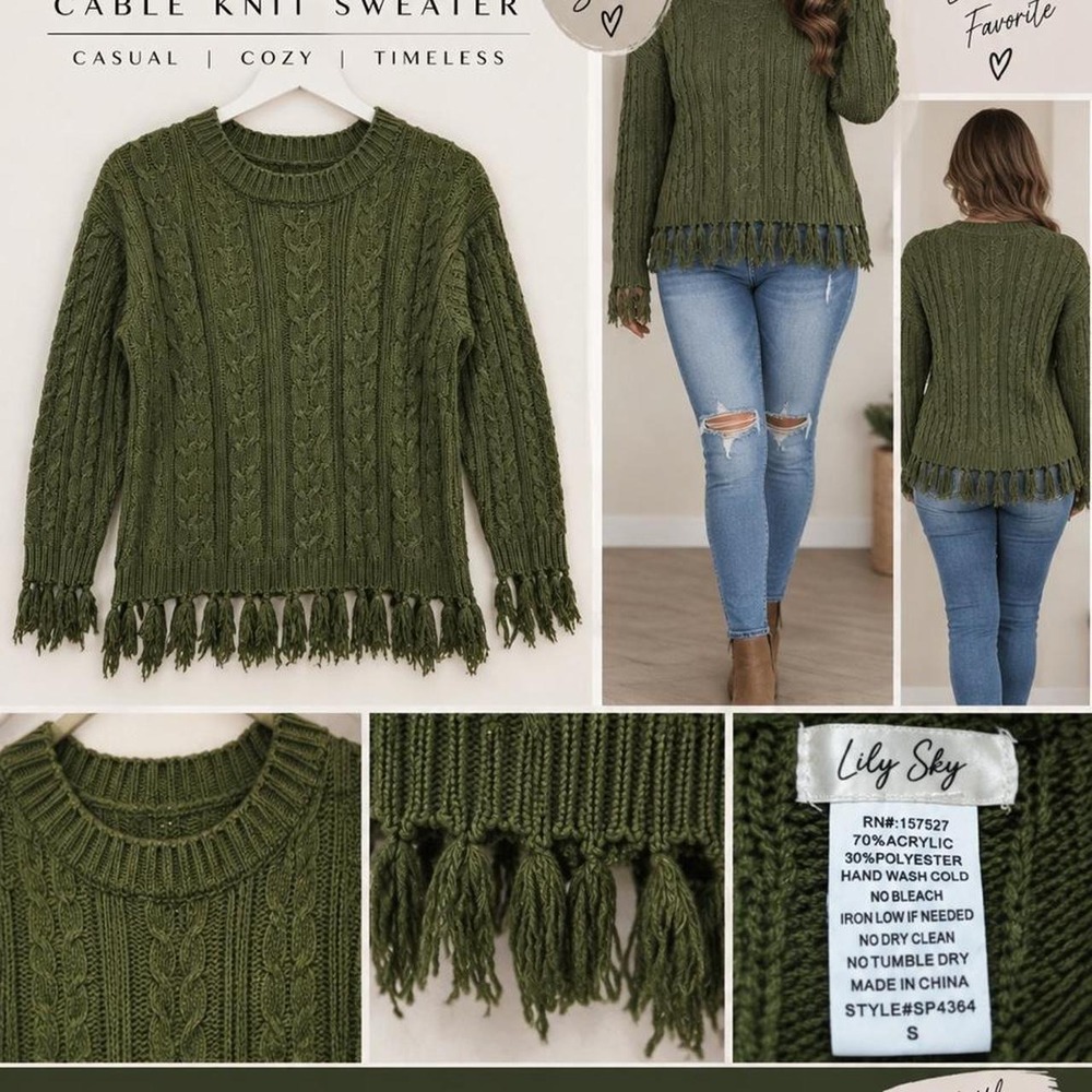 Lily Sky Olive Green Cable Knit Fringe Sweater  Size Small